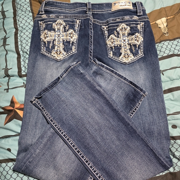 Grace Blue Boot Cut Jeans with Embellished Pockets - Picture 1 of 3